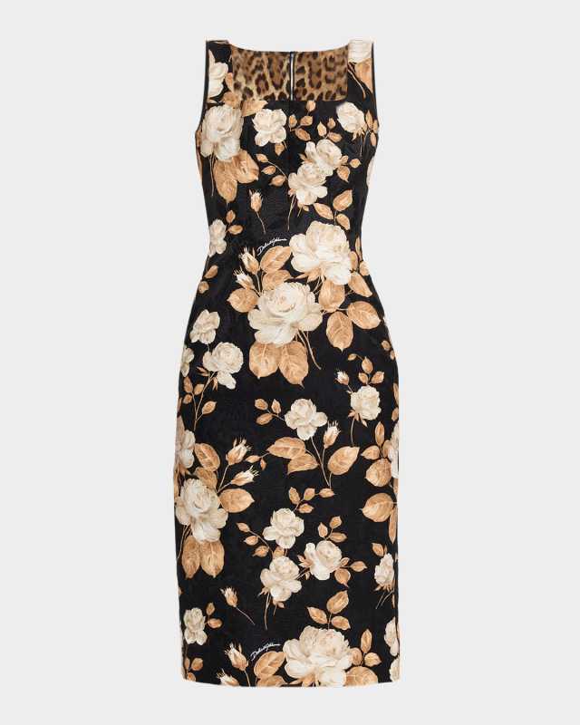 Vintage Floral Brocade Sleeveless Midi Dress